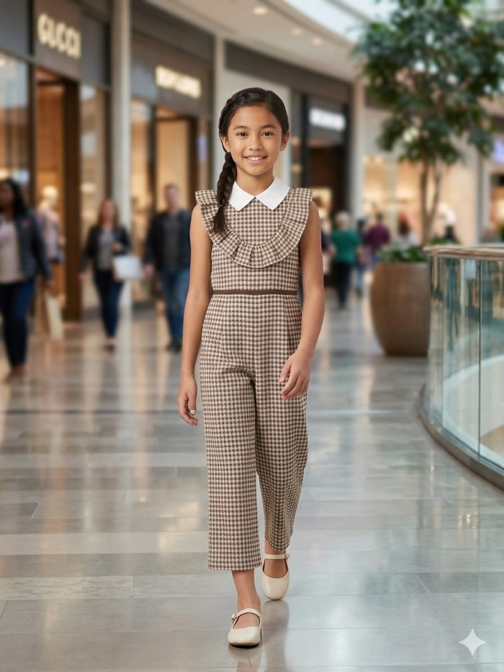 Janie and Jack Little Girls Size 5 Brown Houndstooth Jumpsuit Peter Pan Collar - Picture 14 of 15